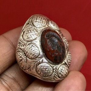 South East Jewelers Vintage Tibetan Silver and Brown Engraved Ring